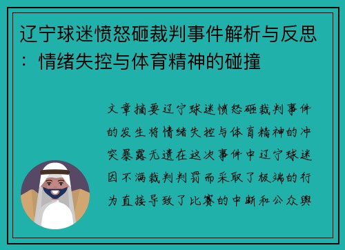 辽宁球迷愤怒砸裁判事件解析与反思：情绪失控与体育精神的碰撞